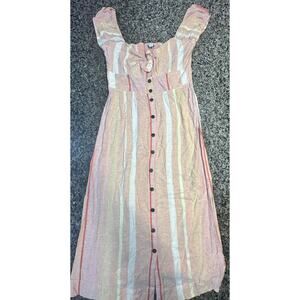 O'Neill Coral Pink Orange Striped Button LINEN Boho Elijah Woven Midi Dress L